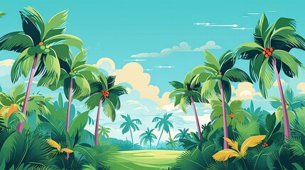  a painting of a tropical landscape with palm trees and blue sky.  generative ai