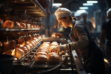 workers sorting bread on bakery factory