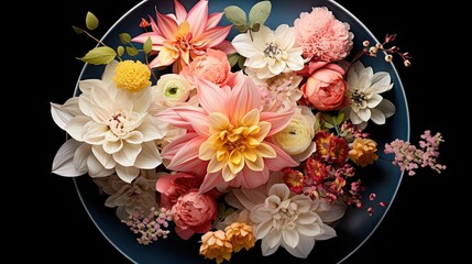  a blue plate with a bunch of flowers on top of it.  generative ai