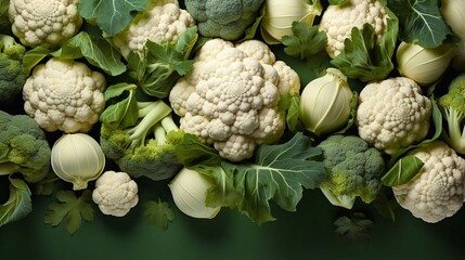 Obraz premium Fresh ripe cauliflower at green background. Top view, AI generative