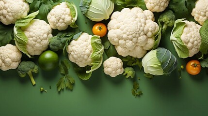  Fresh ripe cauliflower at green background. Top view, AI generative - obrazy, fototapety, plakaty