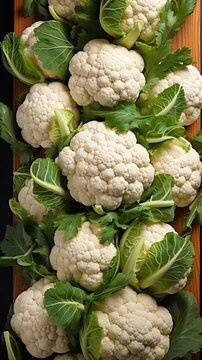  Fresh ripe cauliflowers background. Top view, AI generative