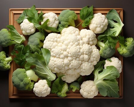 Fresh ripe cauliflower on cutting board at dark  background. Top view, AI generative