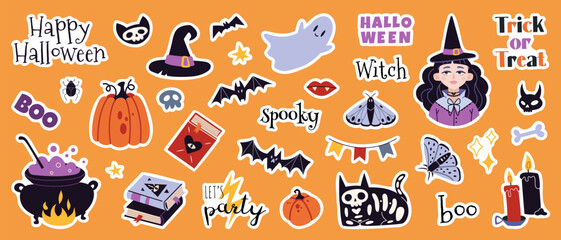 Happy Halloween sticker pack with pumpkins, bat and decoration elements. Mystical magic collection clip art. Trendy modern vector illustration, hand drawn, flat design
