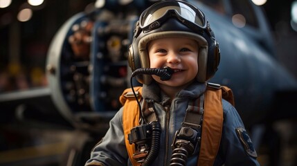 Portrait of smilling baby aircraft captain, wearing in uniform. AI generated