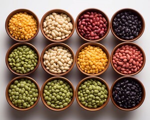 Fototapeta premium Colorful different beans in bowls on white background, top view. AI generation