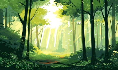  a painting of a forest with sunlight coming through the trees.  generative ai