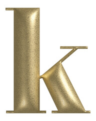 Letter K realistic gold 3d texture. Metal, inflate, lower case k serif font, isolated on transparent background.