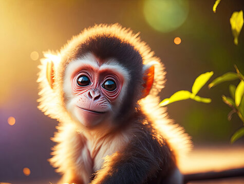A cute baby monkey look at camera bright image. ai generative