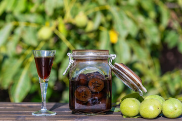 Tincture of green walnuts in a glass jar on a wooden table in a summer garden. Sliced unripe walnuts in alcohol in a jar, to prepare homemade tincture, closeup