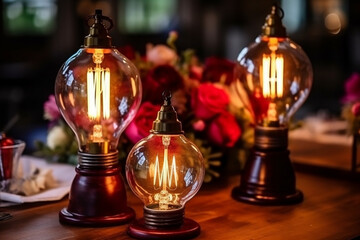 Fototapeta na wymiar Rustic Wedding Reception Decoration: Edison Lamps, Red & Bordo Flowers Created with generative AI tools
