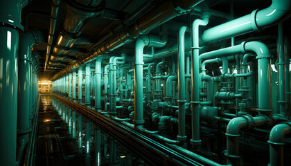 Row of pipes in the industrial plant interior. Wet floor of the factory reflecting the pipes. Generative AI.