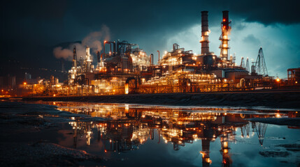 Fototapeta premium View of the big industrial plant with bright illumination. Factory reflecting in the puddle. Low angle perspective. Generative AI.