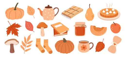 Cozy autumn set with tea drinking, reading, plaid and knitting