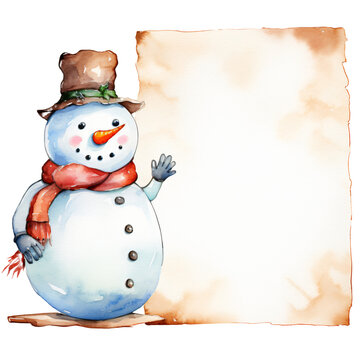 snowman clipart in watercolor painting design in fronat of a sign with copy space isolated against transparent background
