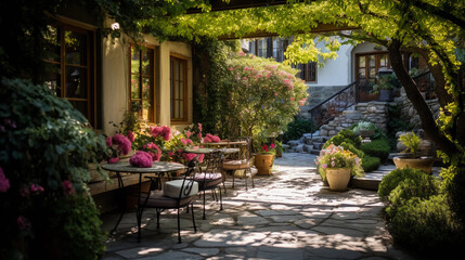 Charming image of a boutique hotel's lush garden, blooming flowers, greenery, wrought - iron furniture, stone path, vibrant colors, sunny afternoon