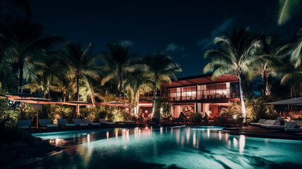 Boutique hotel's pool area at night, guests relaxing, pool lights reflecting on water, palms swaying, tropical vibe, party atmosphere