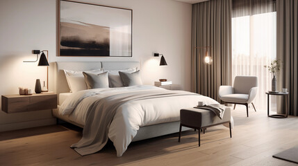 Stylish boutique hotel bedroom, king - sized bed with luxury linen, soft ambient light, minimalistic decor, contemporary artwork, wooden floors, architectural details