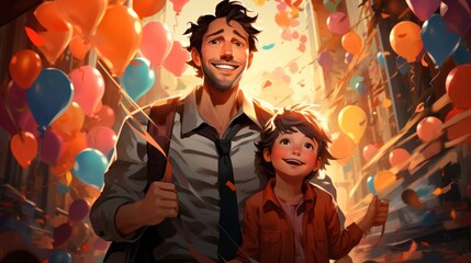 Joyful Father's Day Illustration: Celebrating with Children in a Vibrant Display. Generative AI