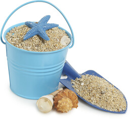 bucket, spade and seashells with sand, summer concept © conzorb