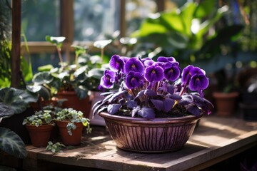 A potted purple flowered houseplant, adorned in vibrant violet hues, flourishing within a cozy domestic garden setting.