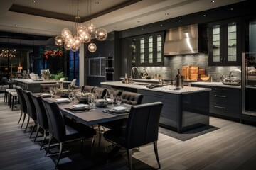 A photograph capturing the essence of a sophisticated, spacious kitchen space seamlessly integrated with a dining area.