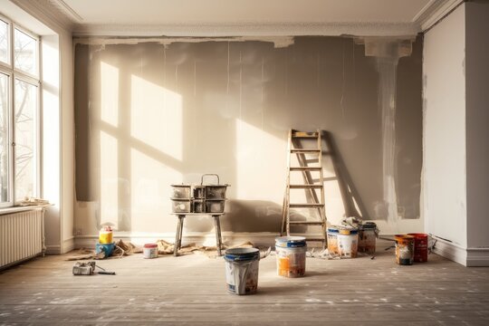 A room in a sophisticated apartment is under renovation and includes a paint bucket for the purpose of relocation.