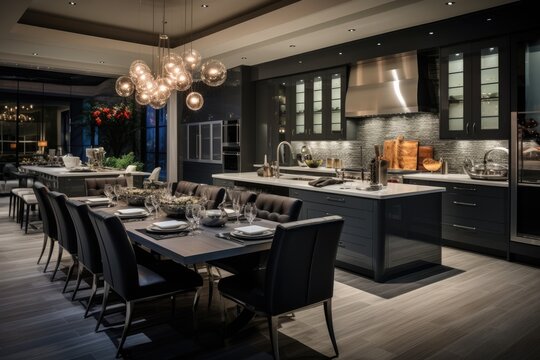 A photograph capturing the essence of a sophisticated, spacious kitchen space seamlessly integrated with a dining area.
