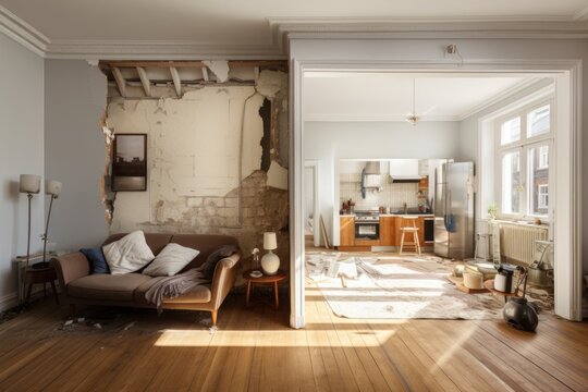 A Side By Side Analysis Of An Old Room Equipped With Building Tools And A Newly Renovated Room. A Visual Display Showcasing The Apartments Appearance Before And After Restoration. The Idea Of Home