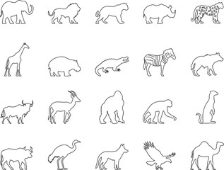 African Animals Icons Set. Elephant, Giraffe, Lion, Zebra. Editable Stroke. Simple Icons Vector Collection