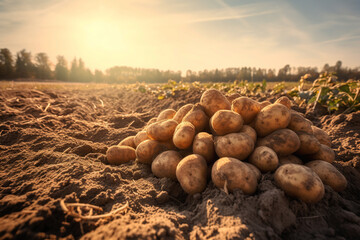 Newly harvested potatoes in a sunny field. Generative AI.
