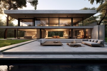 Fototapeta premium A stunning contemporary residence constructed with cement, offering a picturesque perspective from the garden.