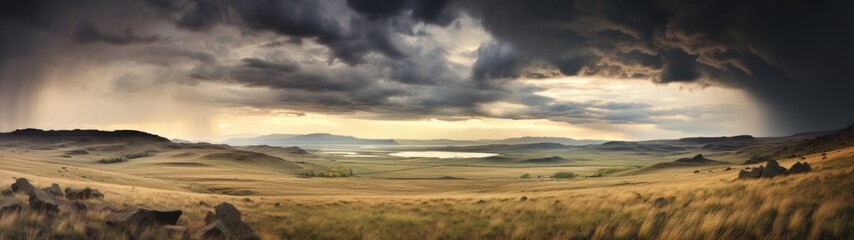 Obraz premium Panoramic image of a vast, windswept grassland under a stormy sky, a vast landscape under a dramatic stormy sky, where sunlight pierces through, illuminating the golden fields.