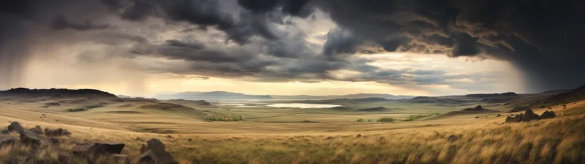 Foto op Canvas Panoramic image of a vast, windswept grassland under a stormy sky, a vast landscape under a dramatic stormy sky, where sunlight pierces through, illuminating the golden fields. © DigitalArt