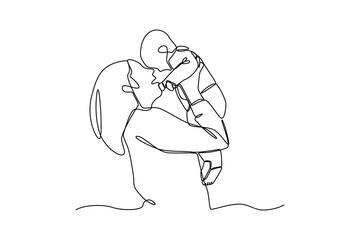 Baby sitter picks up the baby, hand drawn doodles logo. Nanny minimalist concept. isolated vector illustration.