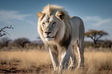 Fototapeta na wymiar Majestic white lion on the golden savannah., generative IA