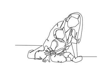 Baby sitter playing together with baby, hand drawn doodles logo. Nanny minimalist concept. isolated vector illustration.