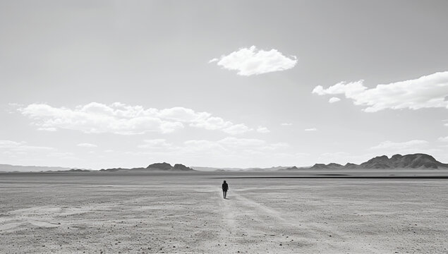 Lonely Man In The Middle Of Desert Black And White Backgorund 