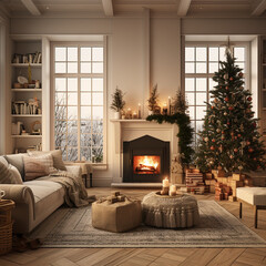 Cozy christmas room with stocking hung over the fire