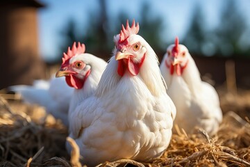 White chickens on a farm. Selective focus. Shallow depth of field