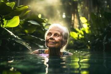 Senior woman swims serenely in tropical pool., generative IA