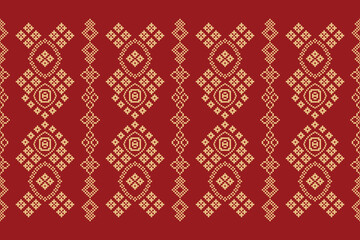 Ethnic geometric fabric pattern Cross Stitch.Ikat embroidery Ethnic oriental Pixel pattern red background. Abstract,vector,illustration. Texture,clothing,frame,decoration,motifs,silk wallpaper.