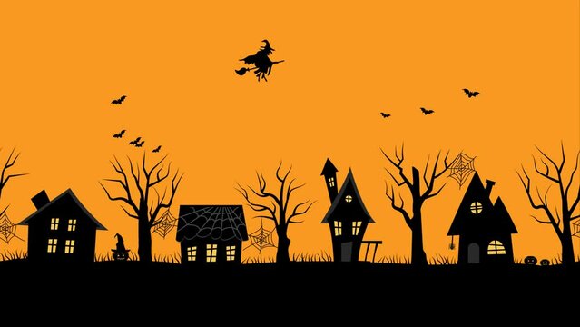 Halloween animation. Spooky village. Black silhouettes of houses and trees on orange background. Witch flying on a broomstick. Bats, pumpkins here