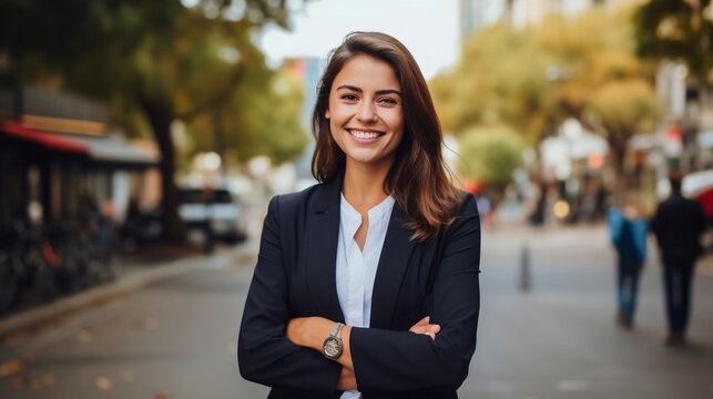 Young Happy Pretty Smiling Professional Business Woman, Happy Confident Positive Female Entrepreneur Standing Outdoor On Street Arms Crossed, Looking At Camera