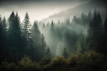 Cloudy landscape: fir forest in retro style., generative IA - obrazy, fototapety, plakaty