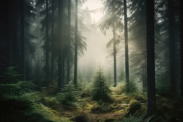 Photo sur Plexiglas Gris 2 Cloudy landscape: fir forest in retro style., generative IA