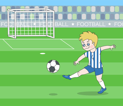 Boy football player kicks the ball on the green football field with a goal and bleachers. Sports vector illustration.