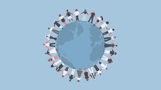 Large Group Of People. Animation. Men And Women Are Holding Hands, Stand Around The World Map. Multicultural Group Of People