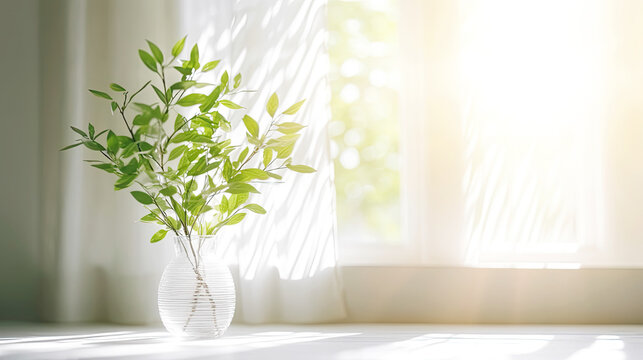 Minimalistic Light White Interior with Green Plant in a Pot  Against Sunny Window. Bright Tones.