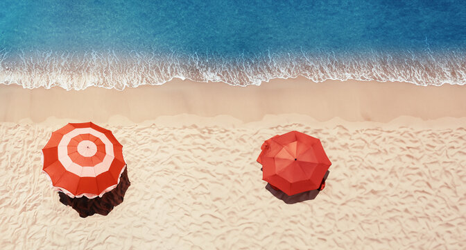 immagine con ombrelloni da spiaggia rossi e rosa, spiaggia tropicale mare azzurro, vista da sopra
